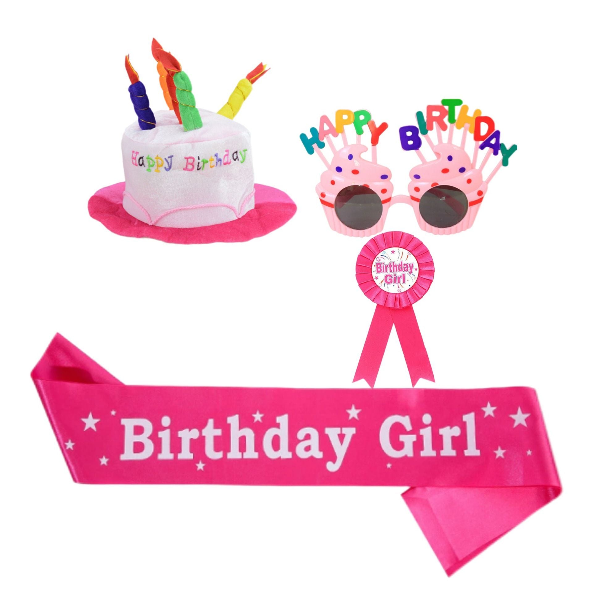 4-piece Pink Plush Birthday Cake Hat Set - Novelty Party Accessory with Matching Glasses and Medals and Shoulder Straps, Fun Photo Prop for Adults and Kids