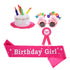 4-piece Pink Plush Birthday Cake Hat Set - Novelty Party Accessory with Matching Glasses and Medals and Shoulder Straps, Fun Photo Prop for Adults and Kids