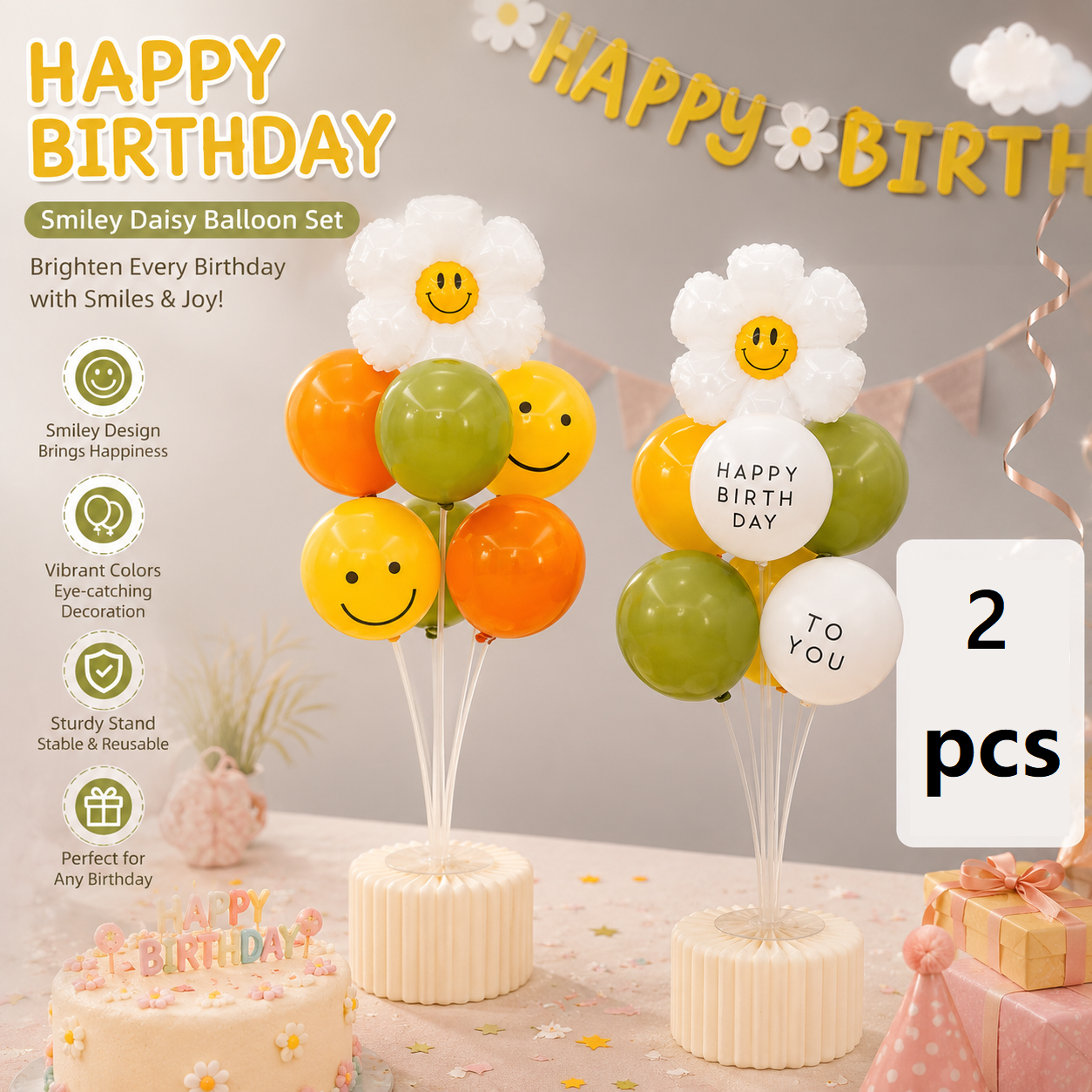 2 Pack Daisy Birthday Balloon Table Centerpiece Set（"Happy Birthday" letter style and pale Orange balloon style）, 10 Inch Latex Balloons with Smiley Flower Topper,  Birthday Party Decoration for First Birthday & Celebration Events