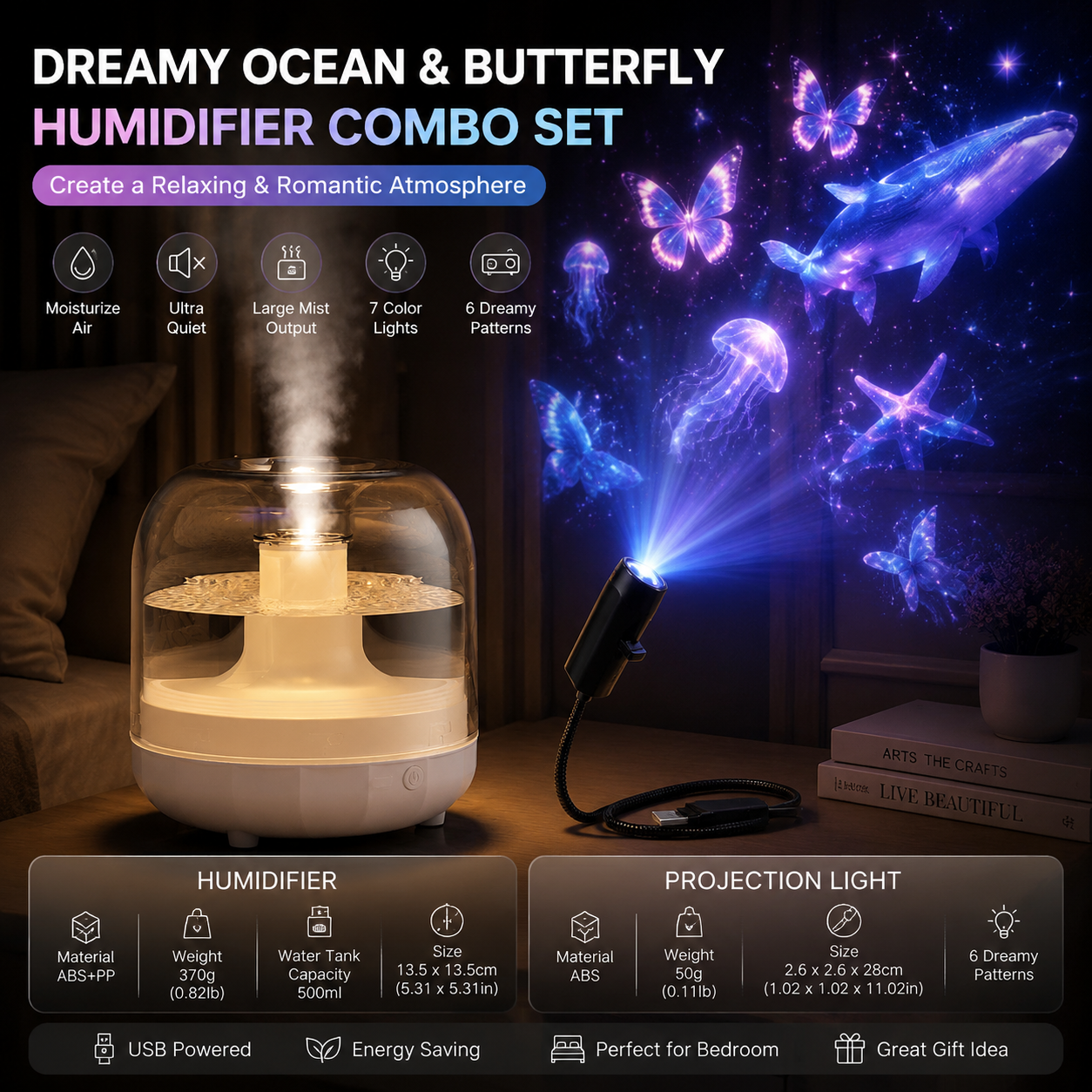 2-piece Bedroom Atmosphere Bundle –White Ultrasonic Aroma diffuser Humidifier & Dreamy Butterfly and Marine Life Series Projector Night Light for Relaxing Home Decor, Perfect Gift for Her