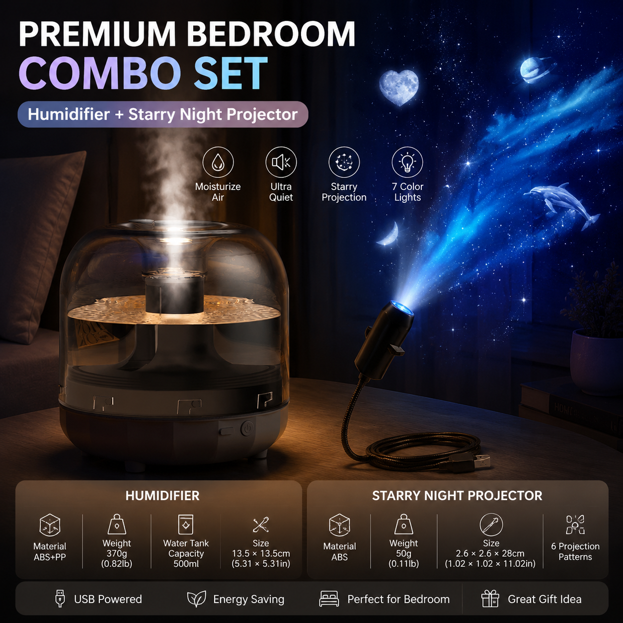 2-piece Bedroom Atmosphere Bundle – Black Ultrasonic Aroma diffuser Humidifier & Starry Sky Series Projector Night Light for Relaxing Home Decor, Perfect Gift for Her