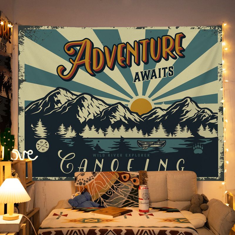130*150cm Vintage American  Wall Tapestry Printed with ADVENTURE AWAITS–Trendy wall tapestry for bedroom makeovers and outdoor photoshoots—sophisticated wall decor