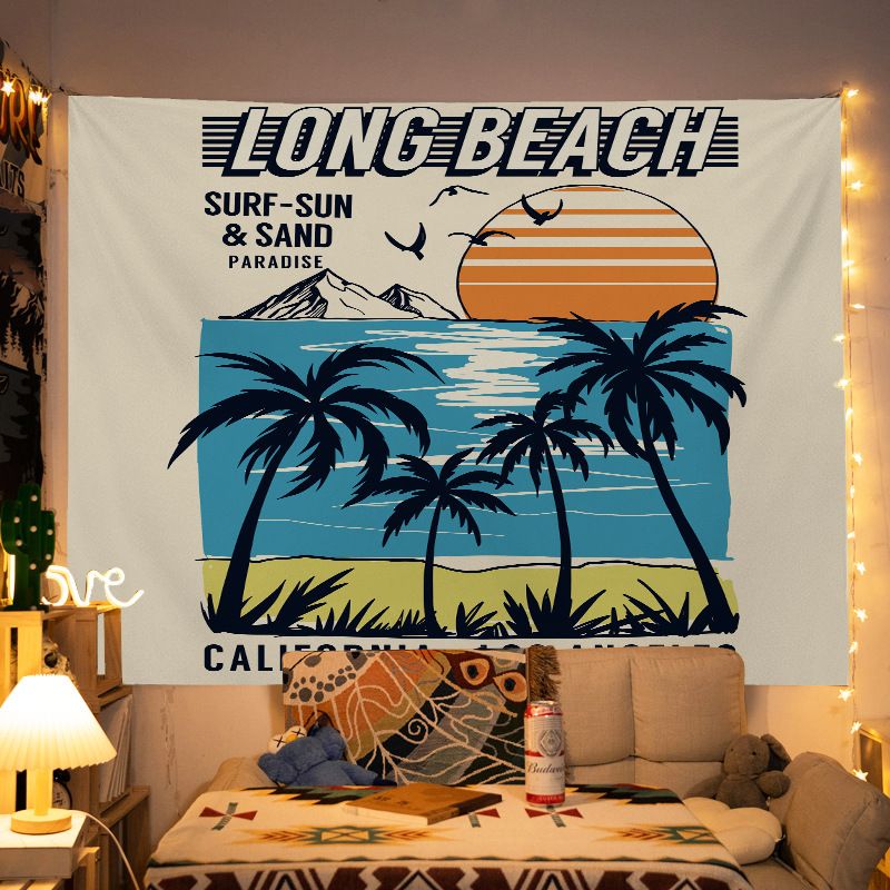 130*150cm Vintage American  Wall Tapestry Printed with LONG BEACH –Trendy wall tapestry for bedroom makeovers and outdoor photoshoots—sophisticated wall decor