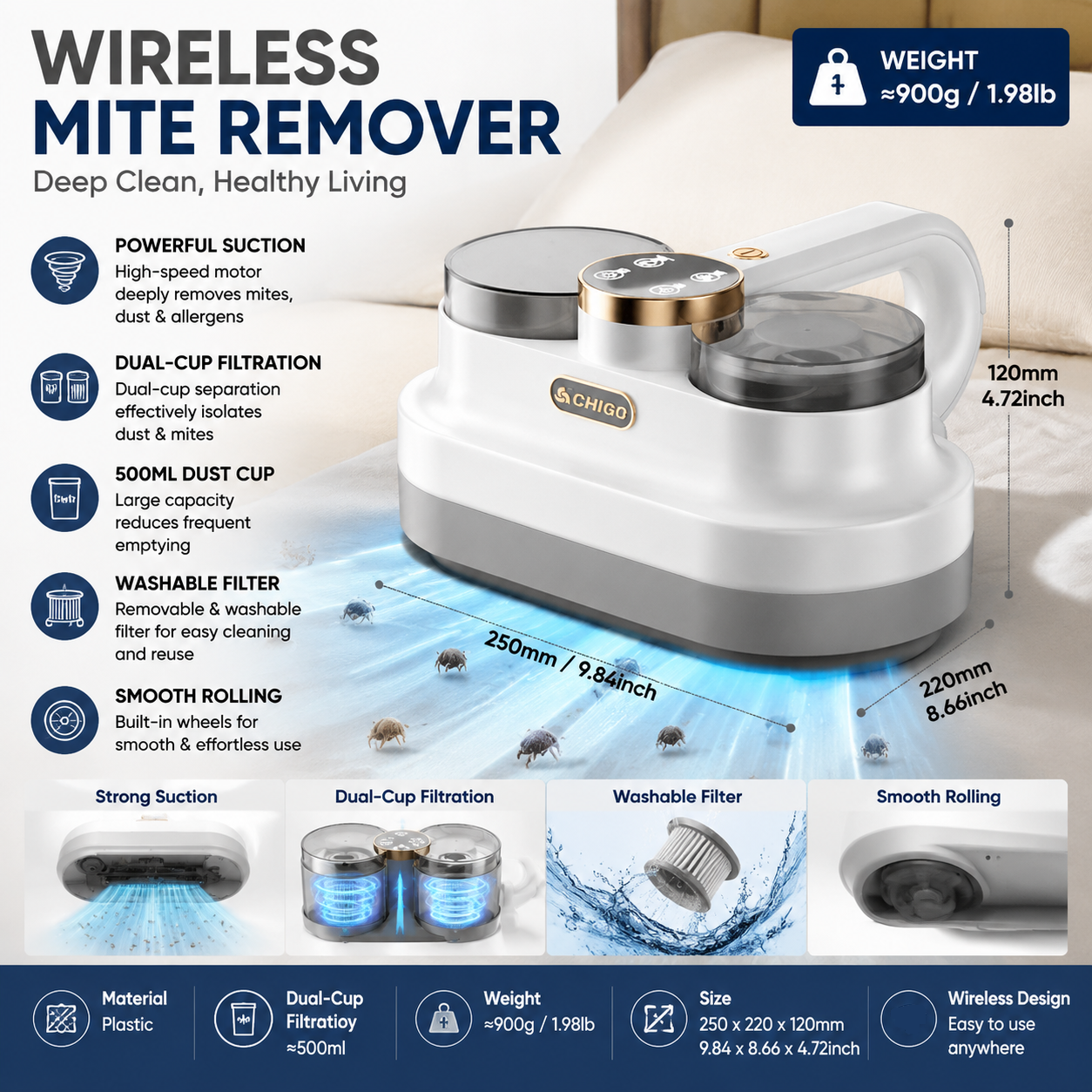 White Handheld Cordless Dust Mite Vacuum Cleaner LED Sanitizing Mattress Cleaner Dual Cup Separation Strong Suction 9000Pa Anti Allergen Home Winter Deep Cleaning Clean Portable