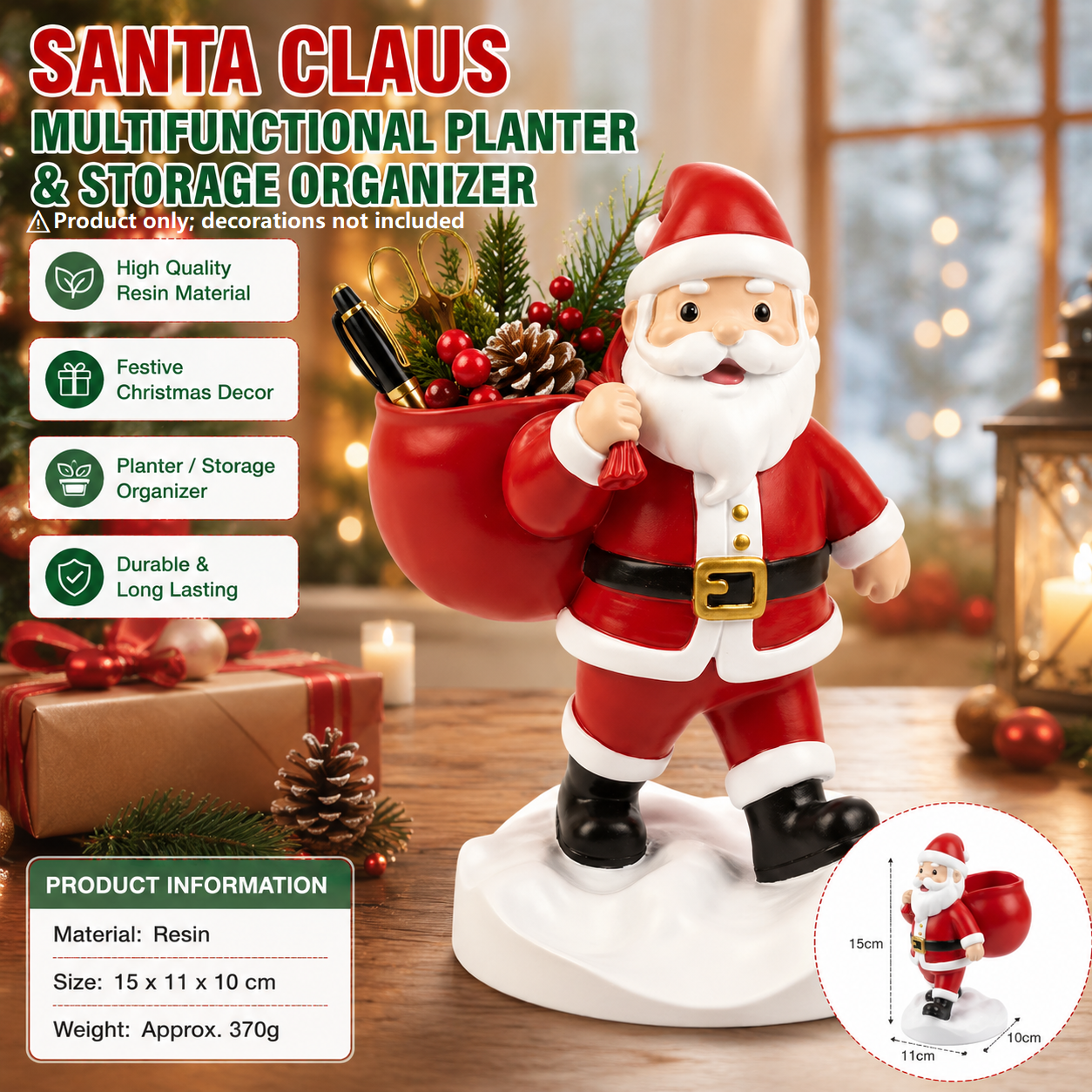 Santa Claus Resin Storage Ornament - 15cm Festive Desktop Organiser with Sack Holder for Pens, Keys and Small Items - Holiday Home and Office Decor