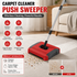 Red Manual Carpet Sweeper with Triple Roller Brushes - Non-Electric Push Broom for Pet Hair, Lightweight Floor Cleaner with Detachable Handle and Large Dustbin