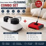 White Wireless Handheld Mite Remover and Red Manual Carpet Sweeper Combo - Dual Cup Strong Suction UV Sterilization High Frequency Tapping Portable Bed Sofa Cleaner with Triple Roller Brush carpet Push Broom for Pet Hair and small fragments