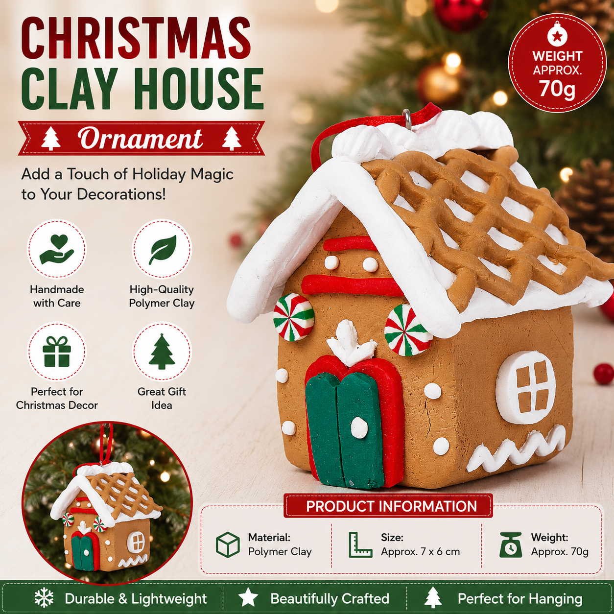 Green Door Style Gingerbread House Christmas Tree Ornament - Made of polymer clay with snowflake details, perfect for Christmas decorations, suitable for home and window displays