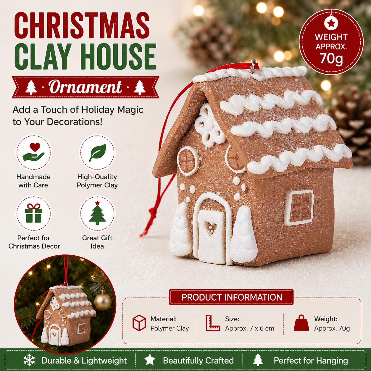 Biscuit color Gingerbread House Christmas Tree Ornament - Made of polymer clay with snowflake details, perfect for Christmas decorations, suitable for home and window displays