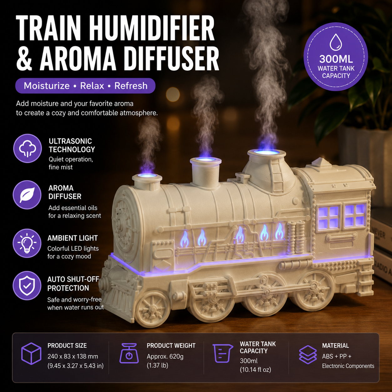 White Retro Train Aromatherapy Humidifier - 300ml Ultrasonic Cool Mist Diffuser with Jellyfish Smoke Ring, LED Night Light  for Bedroom Office Desk Decor