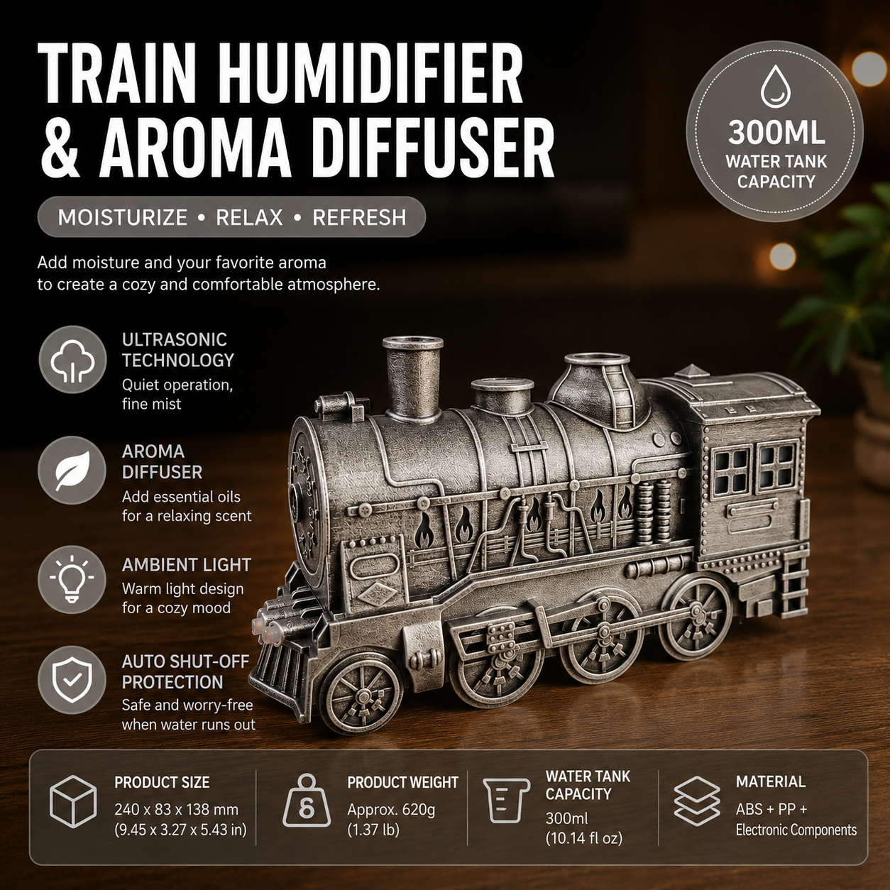 Silvery Retro Train Aromatherapy Humidifier - 300ml Ultrasonic Cool Mist Diffuser with Jellyfish Smoke Ring, LED Night Light  for Bedroom Office Desk Decor
