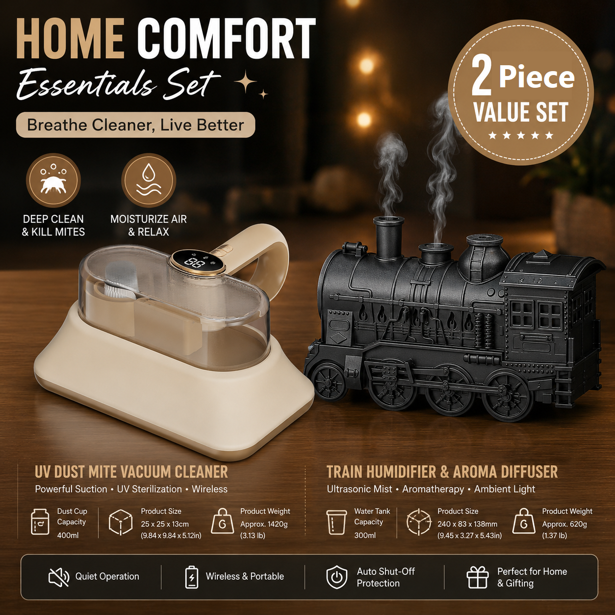 Winter Home Cleaning Comfort Kit - Black Retro Train Aromatherapy Humidifier and White Cordless UV Mite Remover Vacuum - 300ml Ultrasonic Mist with Jellyfish Smoke Ring, 400ml Dust Cup, LED Night Light, Remote Control for Bedroom and Bedding Cleaning