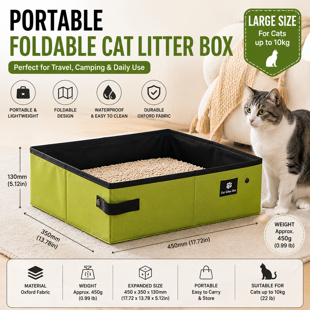 Green Large size Portable Foldable Cat Litter Box - Oxford Fabric Waterproof pet Travel Toilet with High Walls, Lightweight 350g Design for Road Trips Camping and Pet Transport