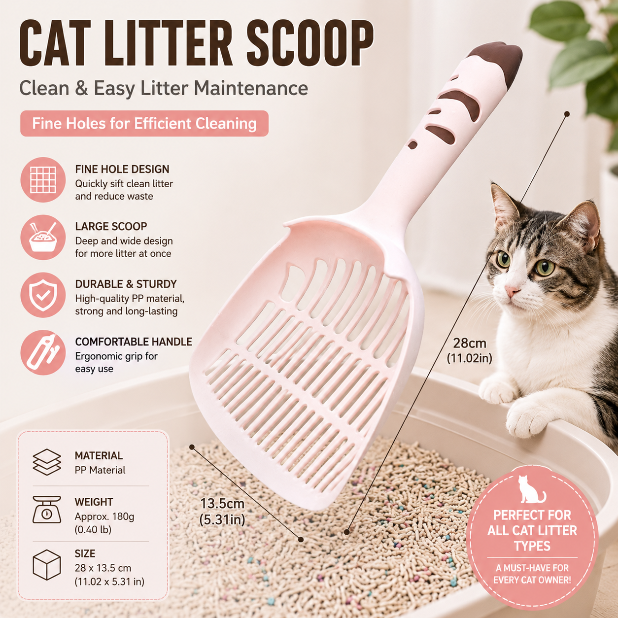 Pink Large-surface cat litter scoop—made of PP material, featuring a fine-mesh design and an ergonomic handle; 28 cm in length. Suitable for tofu litter and clumping litter; an easy-to-clean tool for clearing away pet waste
