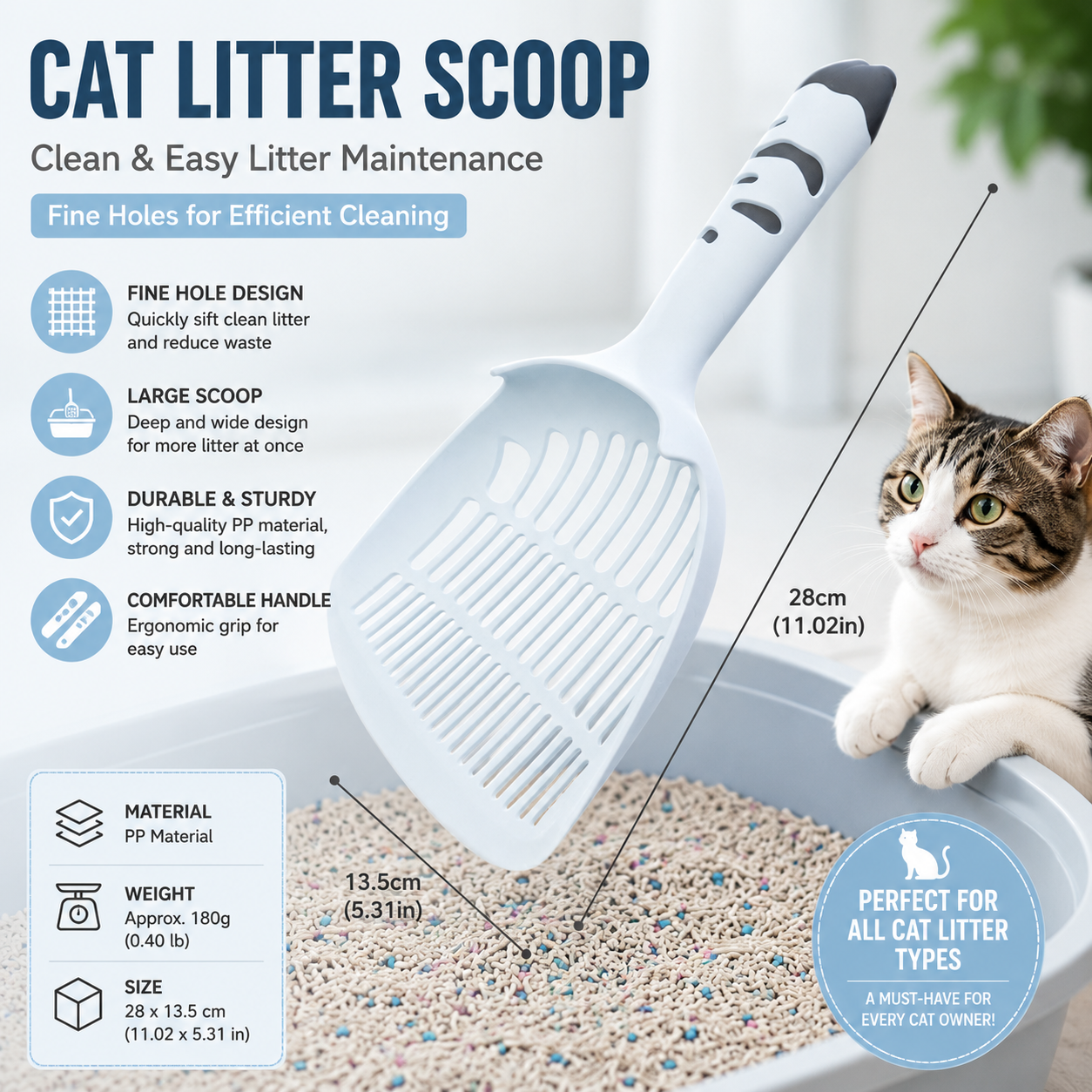 Blue Large-surface cat litter scoop—made of PP material, featuring a fine-mesh design and an ergonomic handle; 28 cm in length. Suitable for tofu litter and clumping litter; an easy-to-clean tool for clearing away pet waste
