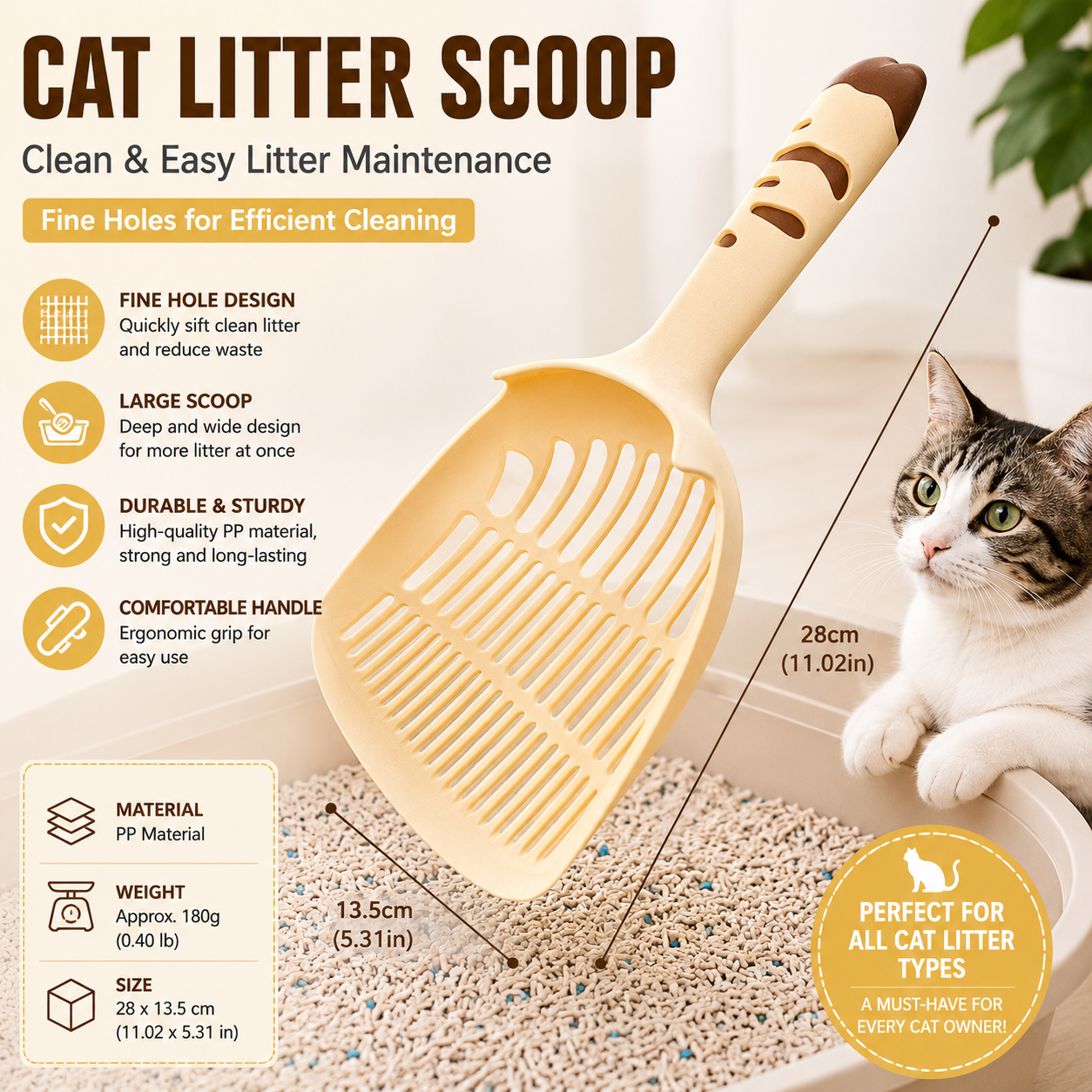 Yellow Large-surface cat litter scoop—made of PP material, featuring a fine-mesh design and an ergonomic handle; 28 cm in length. Suitable for tofu litter and clumping litter; an easy-to-clean tool for clearing away pet waste