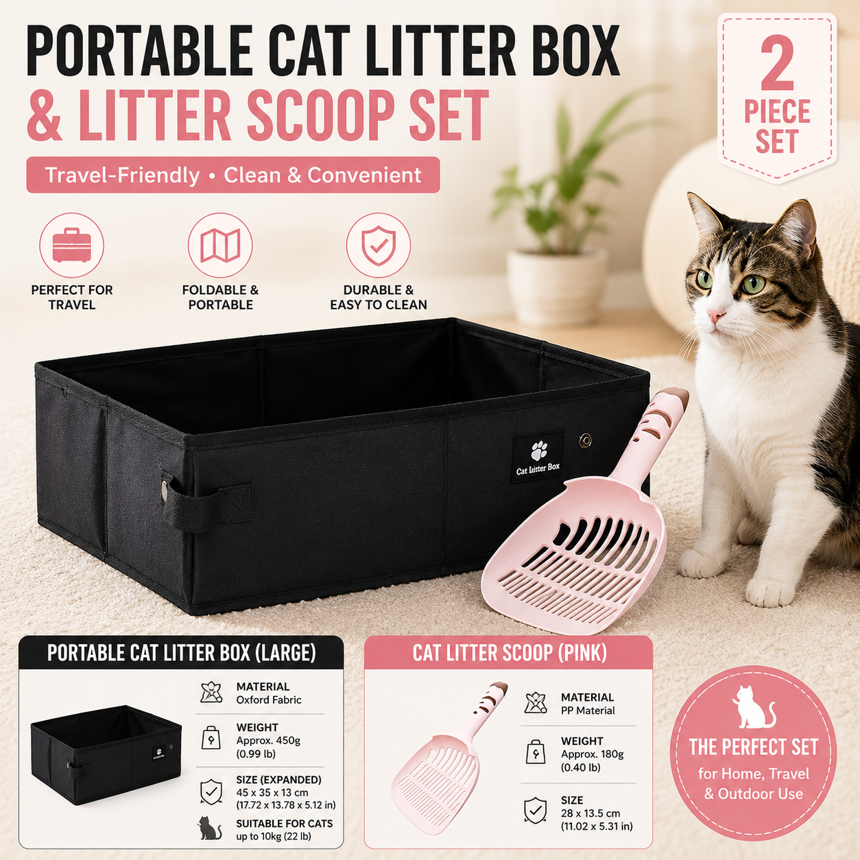 Travel Friendly Pet Toilet Kit - Black Portable Cat Litter Box and Pink Scoop Set - Foldable Oxford Fabric Tray with Waterproof Liner, PP Fine Mesh Scoop for Tofu and Clumping Litter,Suitable for travel and outdoor use