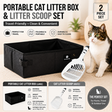 Travel Friendly Pet Toilet Kit - Black Portable Cat Litter Box and White Scoop Set - Foldable Oxford Fabric Tray with Waterproof Liner, PP Fine Mesh Scoop for Tofu and Clumping Litter,Suitable for travel and outdoor use