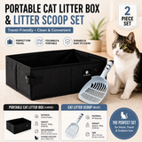 Travel Friendly Pet Toilet Kit - Black Portable Cat Litter Box and Blue Scoop Set - Foldable Oxford Fabric Tray with Waterproof Liner, PP Fine Mesh Scoop for Tofu and Clumping Litter,Suitable for travel and outdoor use