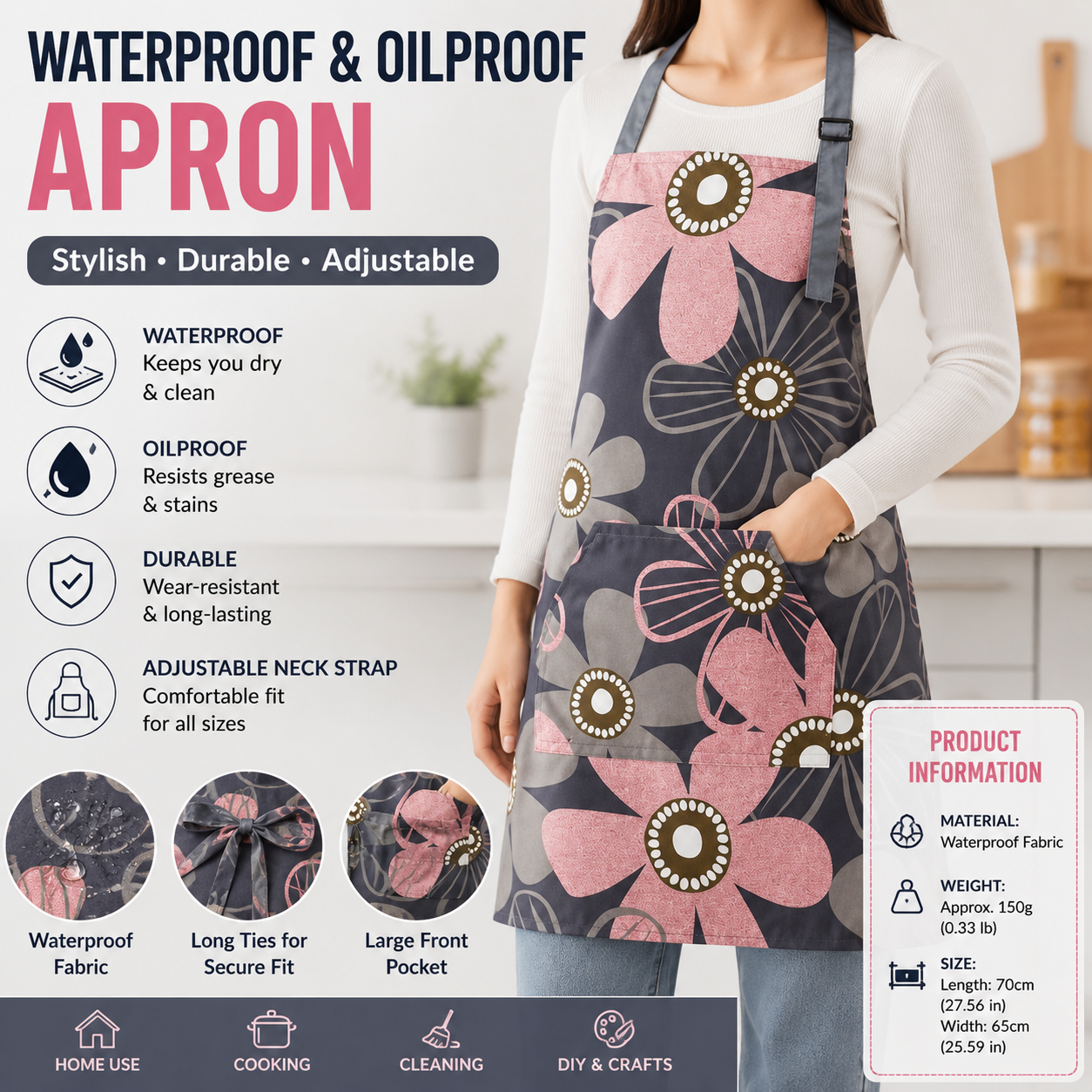 Pink floral pattern Waterproof Kitchen Apron - Oil Resistant Fabric with Adjustable Neck Strap, Large Front Pocket, 70cm Length, for Cooking and Home Cleaning