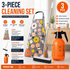 Home Closed Room Dust Cleaning Essentials Bundle - Chrysanthemum pattern Waterproof Apron, White Long Handle Floor Scrubber Brush,Orange 3L Pressure Sprayer - Multi Purpose Household Kit for Kitchen, Bathroom and Garden Care