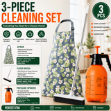 Home Closed Room Dust Cleaning Essentials Bundle - Green grass and small white flower pattern Waterproof Apron, White Long Handle Floor Scrubber Brush,Orange 3L Pressure Sprayer - Multi Purpose Household Kit for Kitchen, Bathroom and Garden Care