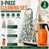 Home Closed Room Dust Cleaning Essentials Bundle - Green grass and small white flower pattern Waterproof Apron, White Long Handle Floor Scrubber Brush,Orange 3L Pressure Sprayer - Multi Purpose Household Kit for Kitchen, Bathroom and Garden Care