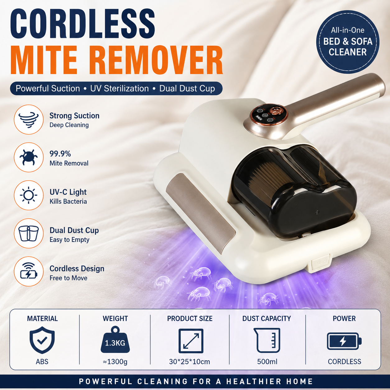 Visualized dust box White Wireless UV Mite Remover Vacuum - 10000Pa Strong Suction, High Frequency Tapping, Washable HEPA Filter, Carpet Mite Remover，Lightweight Handheld Cleaner for Bed Sofa Pet Hair 