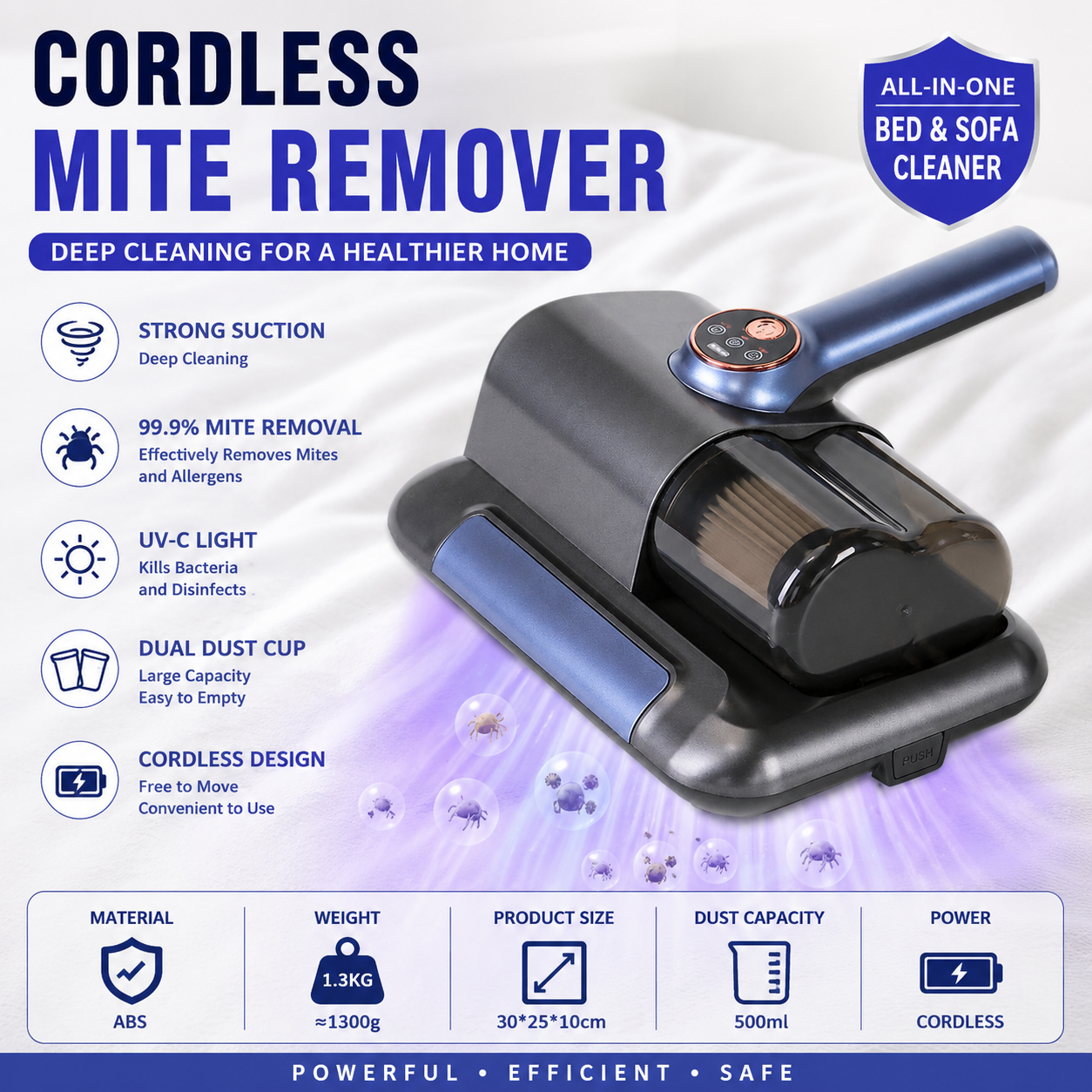 Visualized dust box Black Wireless UV Mite Remover Vacuum - 10000Pa Strong Suction, High Frequency Tapping, Washable HEPA Filter, Carpet Mite Remover，Lightweight Handheld Cleaner for Bed Sofa Pet Hair 