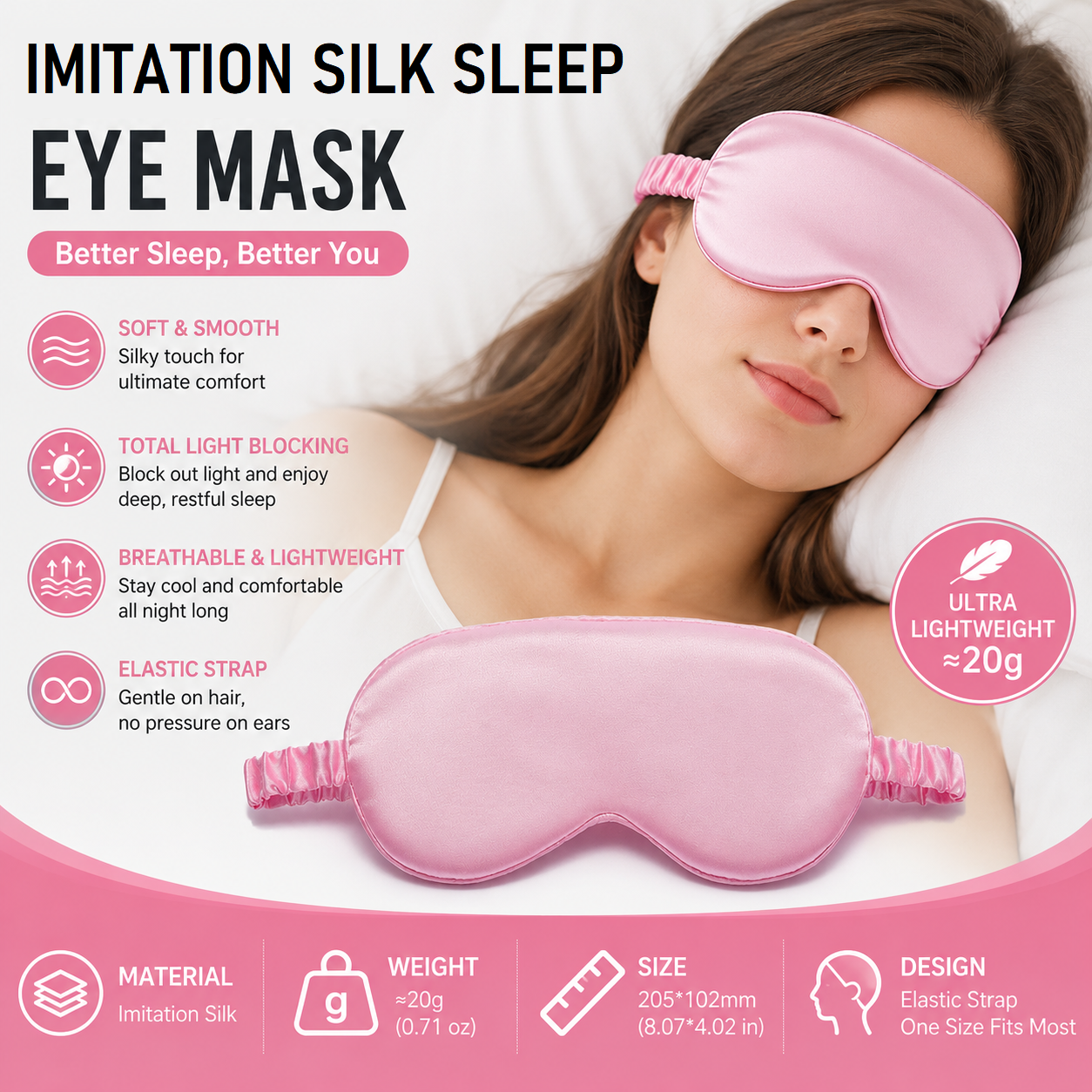 Pink Imitation Silk Sleep Eye Mask - Soft Breathable Light Blocking Design with Elastic Strap for Travel, Nap, and Night Sleep Comfort
