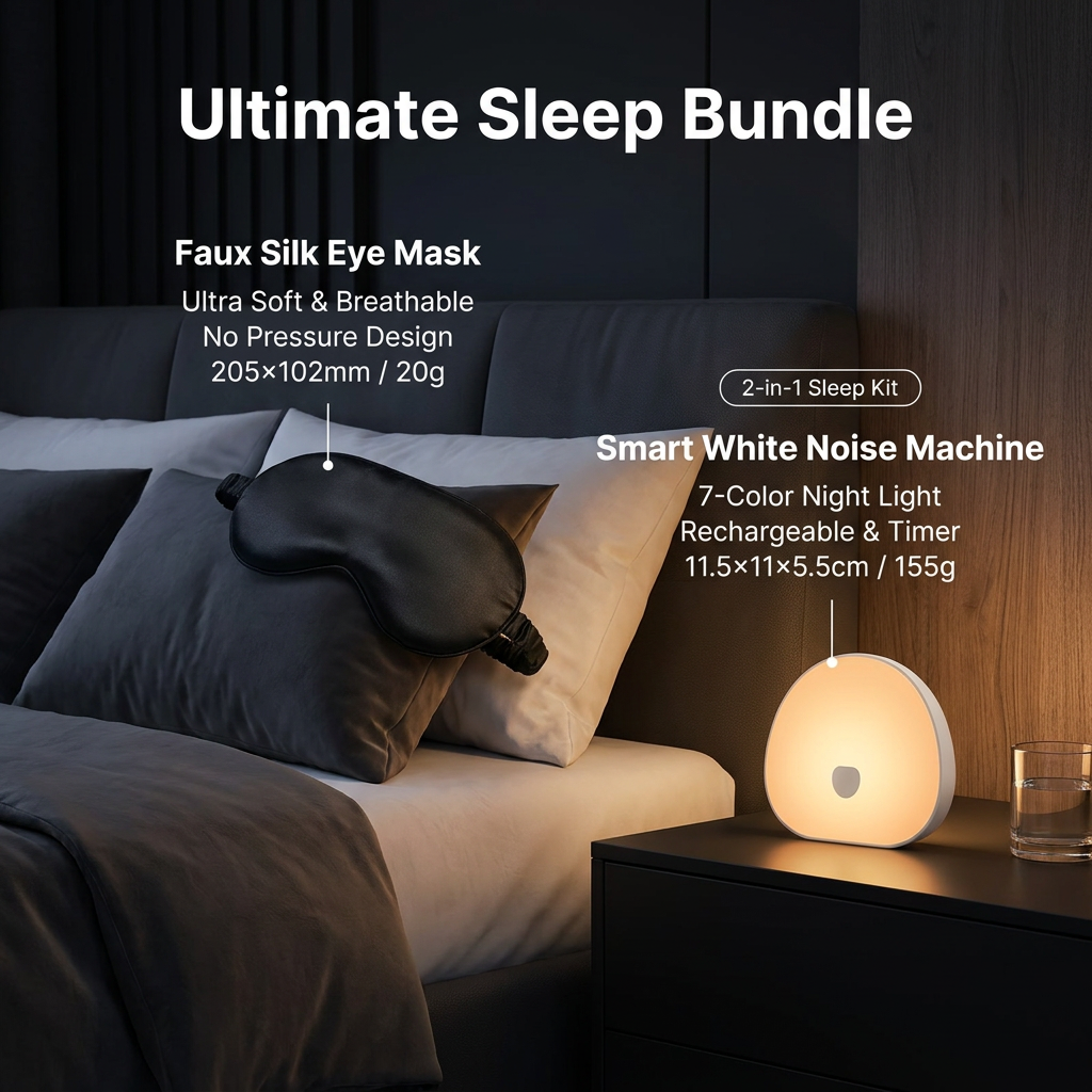Nighttime Anxiety Relief & Relaxation Set - Black Imitation Silk Sleep Eye Mask and  Smart White Noise Night Light for Soothing Sleep, Nursing, and Stress Reduction