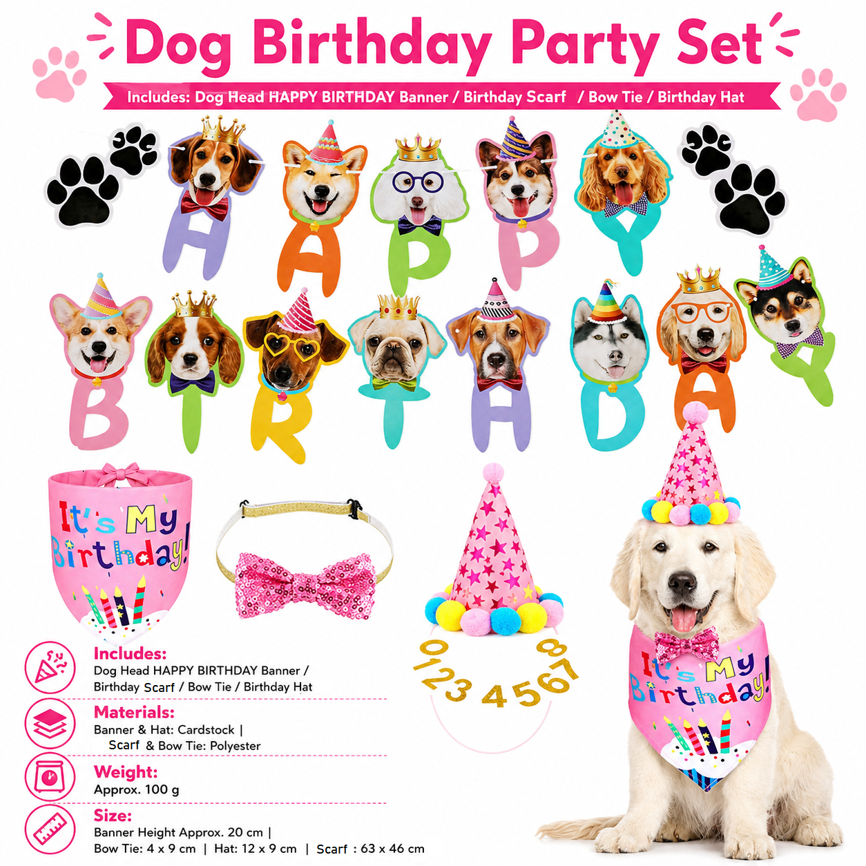 Pink Dog Birthday Party Decoration Set - Puppy Themed Banner, Adjustable Party Hat, Sequin Bow Tie and Bandana Scarf for Pet Celebration