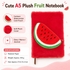 A5 Plush Fruit Notebook  with detachable watermelon-shaped coin purse — features a soft plush cover and 80 lined pages; a cute design perfect for school use or journaling
