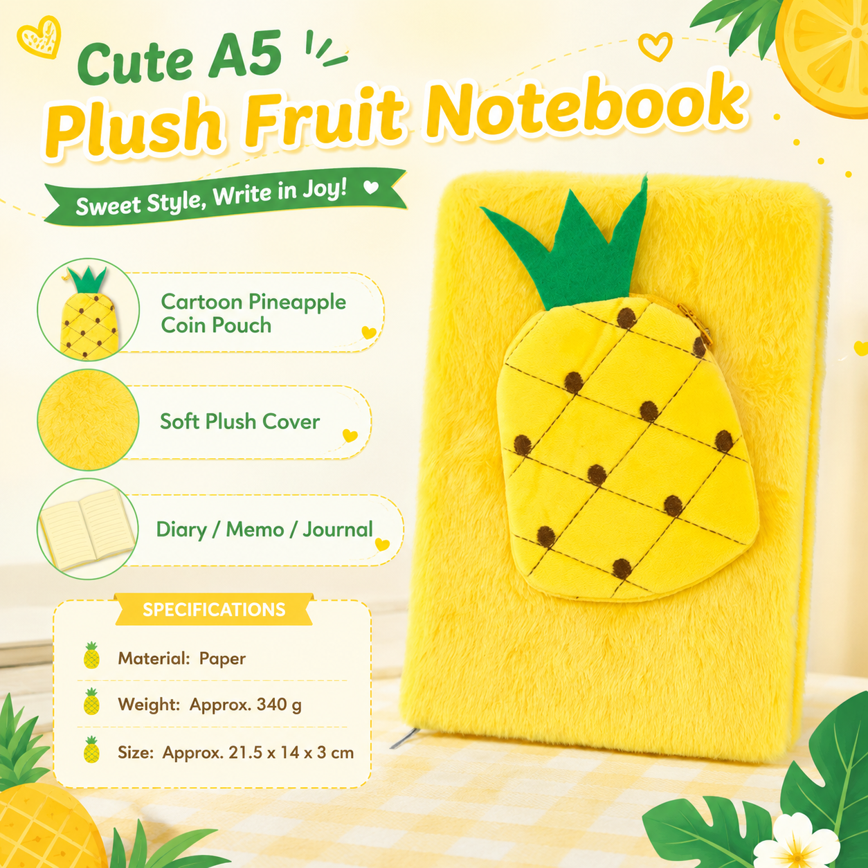 A5 Plush Fruit Notebook  with detachable pineapple-shaped coin purse — features a soft plush cover and 80 lined pages; a cute design perfect for school use or journaling
