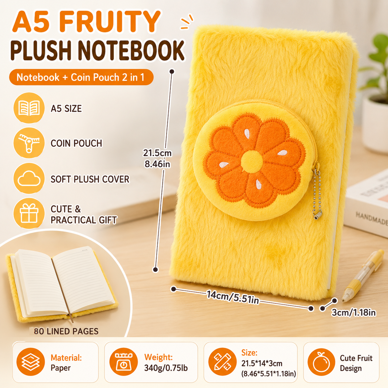 A5 Plush Fruit Notebook  with detachable orange-shaped coin purse — features a soft plush cover and 80 lined pages; a cute design perfect for school use or journaling