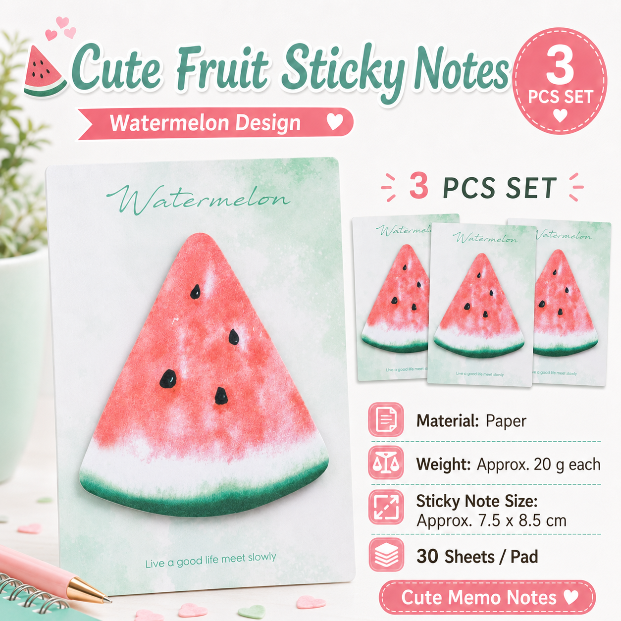 3 Packs Watermelon Design Fruit Shaped Sticky Notes - Cute Memo Pads for Journaling Office School - Reusable Adhesive Labels Gift Ready