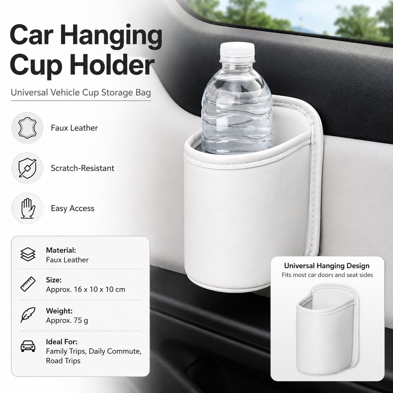 White Universal Car Door Cup Holder - PU Leather Hanging Storage Organizer for Seat Back and Console side and Door storage compartment - Multi-Purpose Beverage Pocket with Secure Clip Design for Travel and Commute