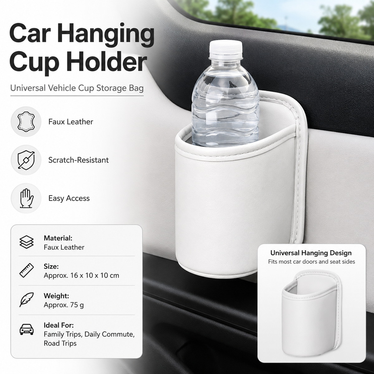 White Universal Car Door Cup Holder - PU Leather Hanging Storage Organizer for Seat Back and Console side and Door storage compartment - Multi-Purpose Beverage Pocket with Secure Clip Design for Travel and Commute