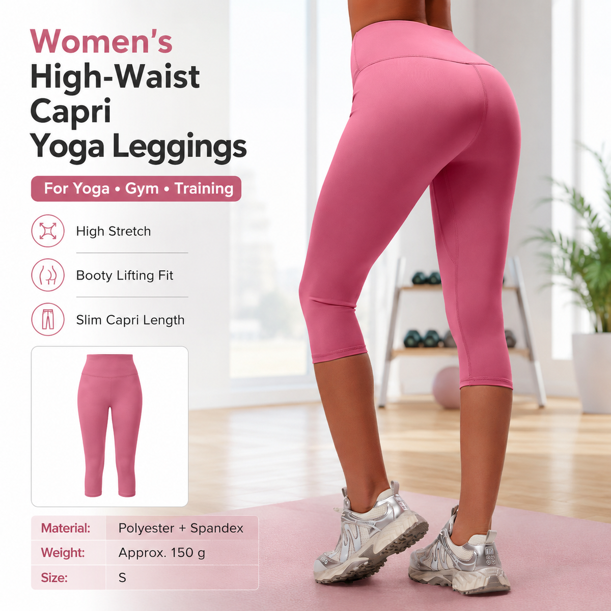 Pink S Size Women's High Waist 3/4 Yoga Leggings - Peach Hip Lift Design, Breathable Stretch Fabric for Gym Running and Daily Wear