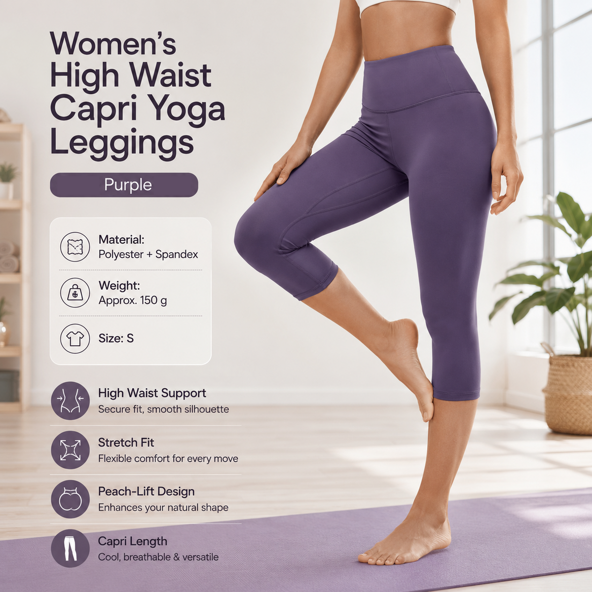 Purple S Size Women's High Waist 3/4 Yoga Leggings - Peach Hip Lift Design, Breathable Stretch Fabric for Gym Running and Daily Wear