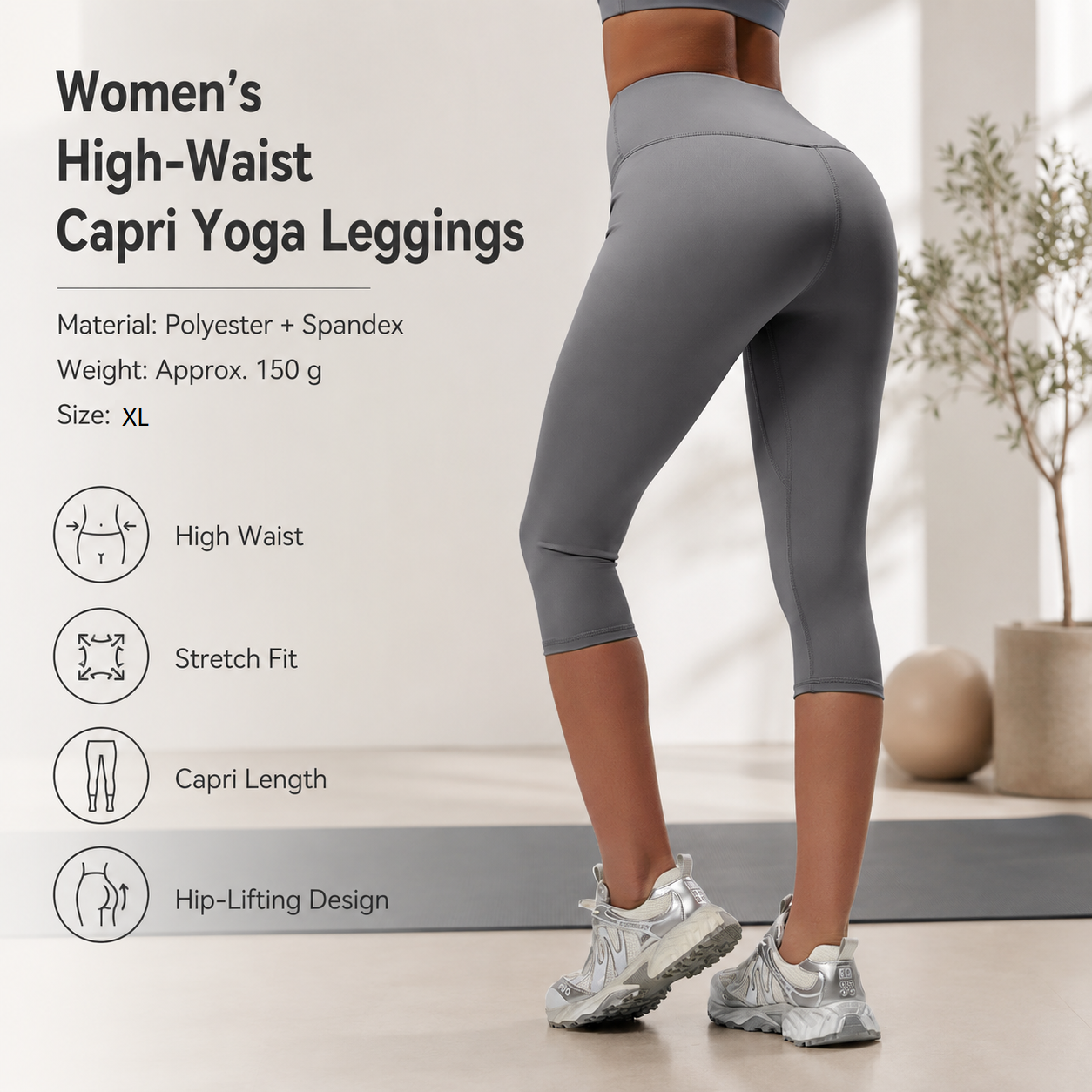 Grey XL Size Women's High Waist 3/4 Yoga Leggings - Peach Hip Lift Design, Breathable Stretch Fabric for Gym Running and Daily Wear