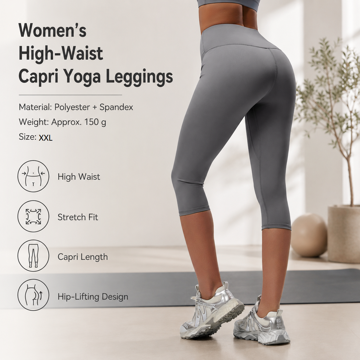 Grey XXL Size Women's High Waist 3/4 Yoga Leggings - Peach Hip Lift Design, Breathable Stretch Fabric for Gym Running and Daily Wear