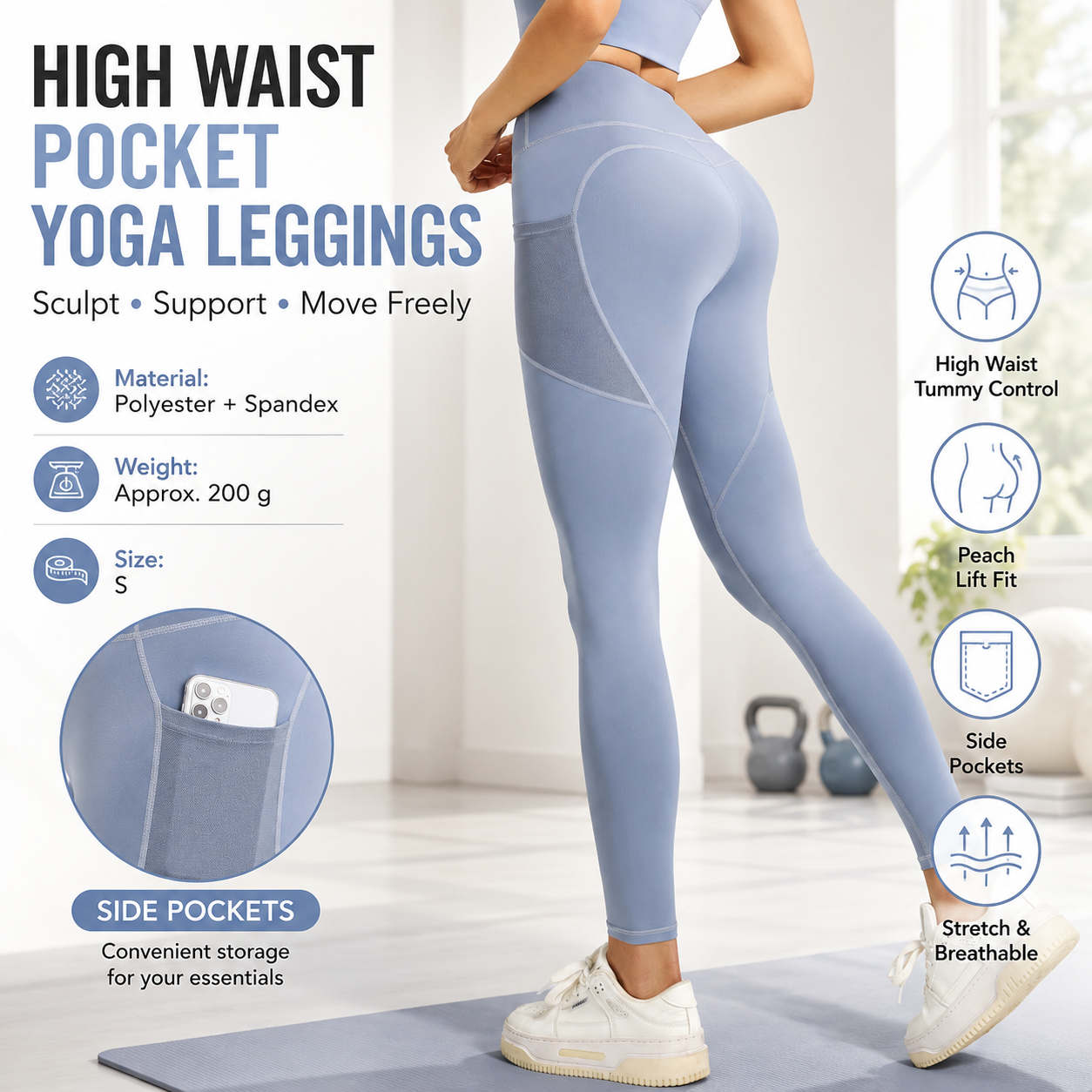 Blue S Size Women's High Waist Yoga Leggings with Mesh Side Pockets - Squat Proof, Peach Hip Lift, Breathable Stretch Fabric for Gym Running 、Pilates Wea and Daily Wear