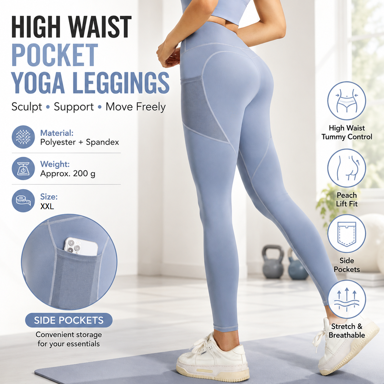 Blue XXL Size Women's High Waist Yoga Leggings with Mesh Side Pockets - Squat Proof, Peach Hip Lift, Breathable Stretch Fabric for Gym Running 、Pilates Wea and Daily Wear
