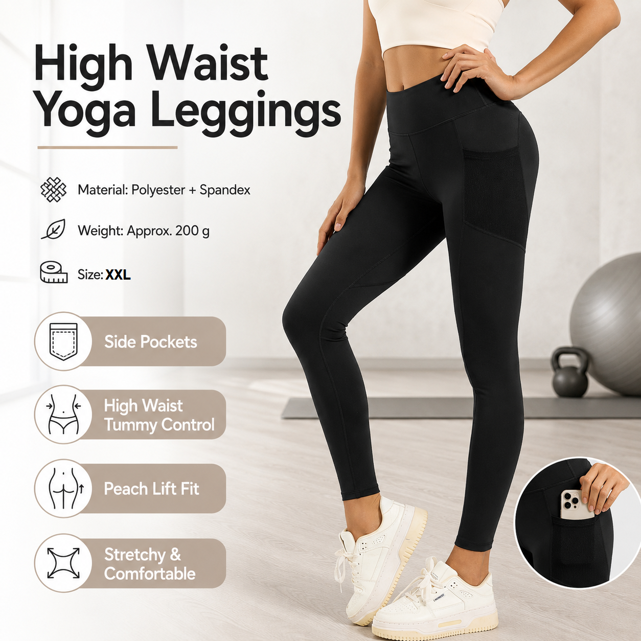 Black XXL Size Women's High Waist Yoga Leggings with Mesh Side Pockets - Squat Proof, Peach Hip Lift, Breathable Stretch Fabric for Gym Running 、Pilates Wea and Daily Wear