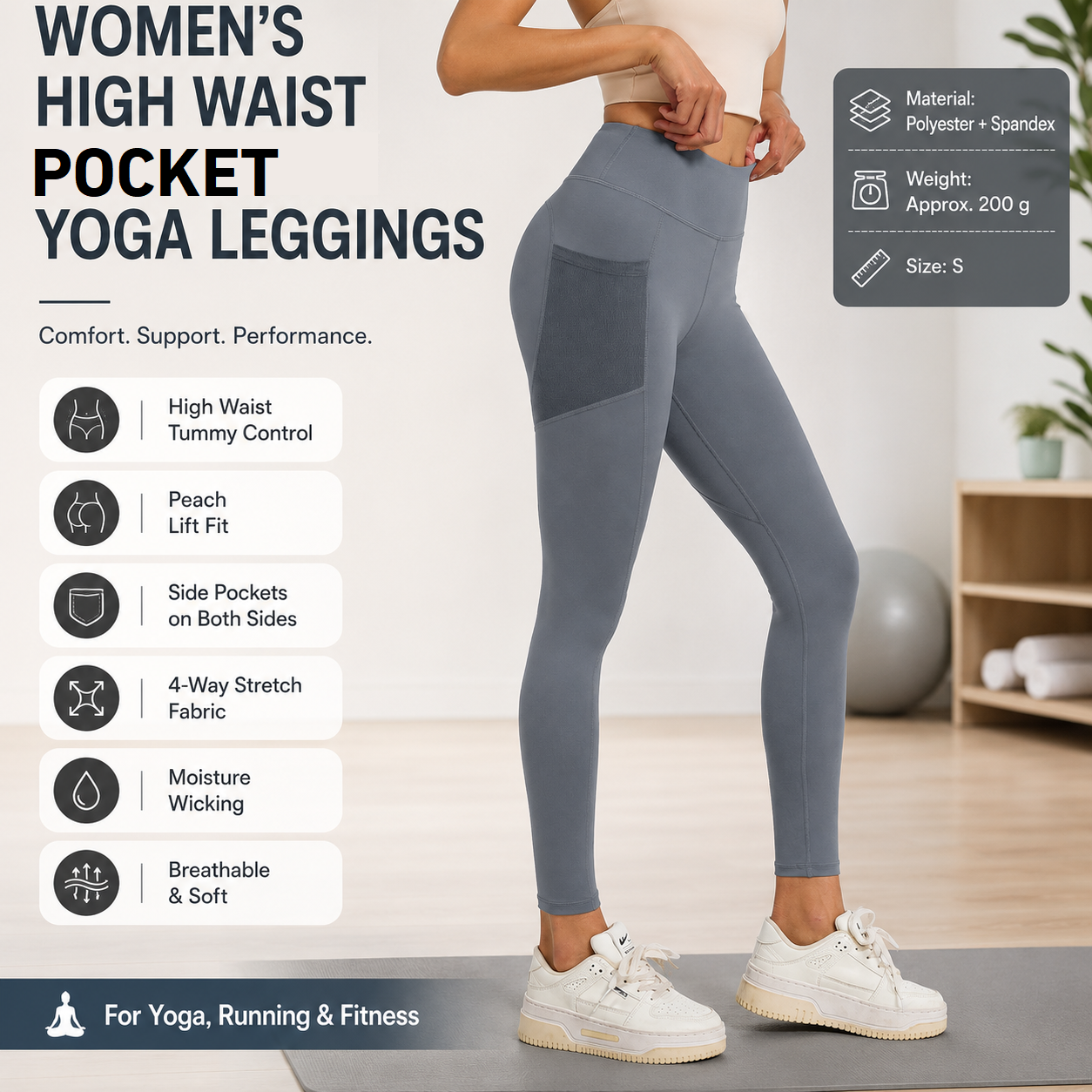 Grey S Size Women's High Waist Yoga Leggings with Mesh Side Pockets - Squat Proof, Peach Hip Lift, Breathable Stretch Fabric for Gym Running 、Pilates Wea and Daily Wear