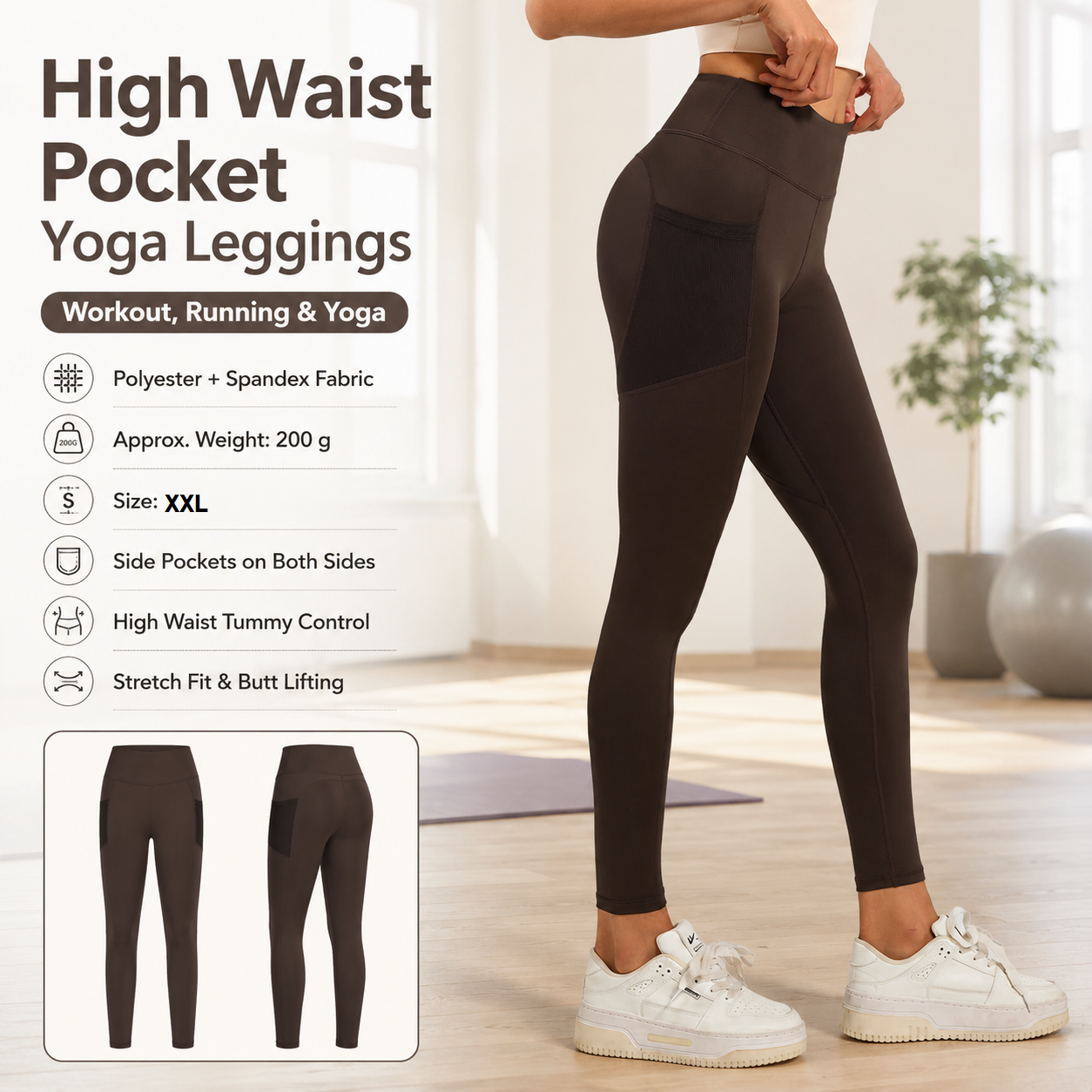 Coffee-colored XXL Size Women's High Waist Yoga Leggings with Mesh Side Pockets - Squat Proof, Peach Hip Lift, Breathable Stretch Fabric for Gym Running 、Pilates Wea and Daily Wear