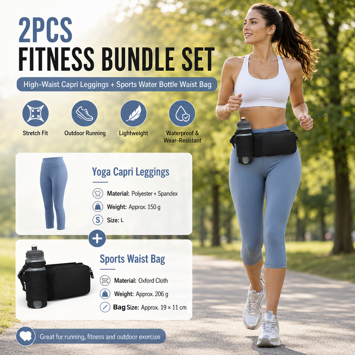 Winter Fitness Bundle - Blue L size Women's High Waist 3/4 Yoga Leggings with Peach Hip Lift and Black Waterproof Sports Waist Bag with Bottle Holder for Running Gym and Outdoor Activities