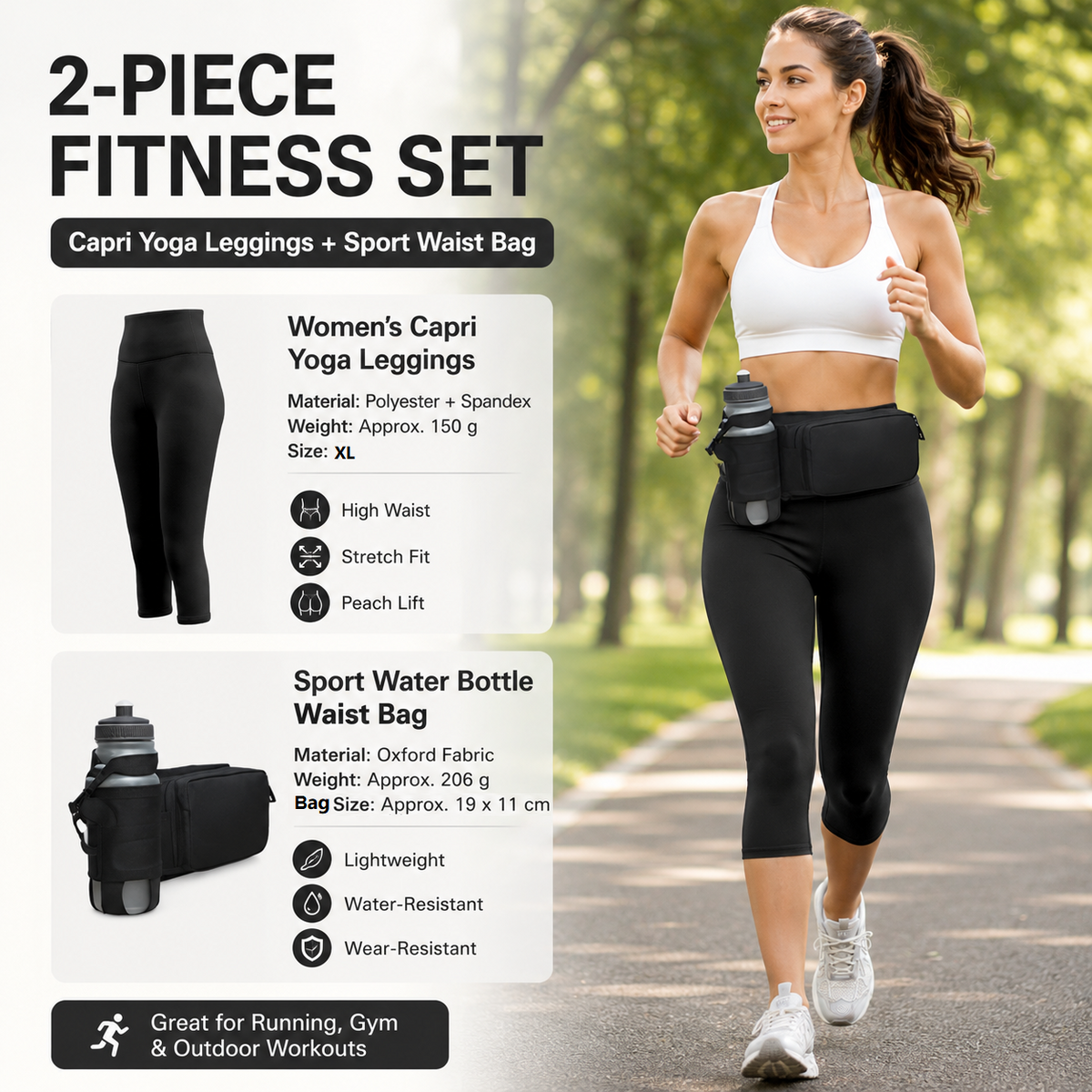 Winter Fitness Bundle - Black XL size Women's High Waist 3/4 Yoga Leggings with Peach Hip Lift and Black Waterproof Sports Waist Bag with Bottle Holder for Running Gym and Outdoor Activities