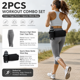 Winter Fitness Bundle - Grey XL size Women's High Waist 3/4 Yoga Leggings with Peach Hip Lift and Black Waterproof Sports Waist Bag with Bottle Holder for Running Gym and Outdoor Activities